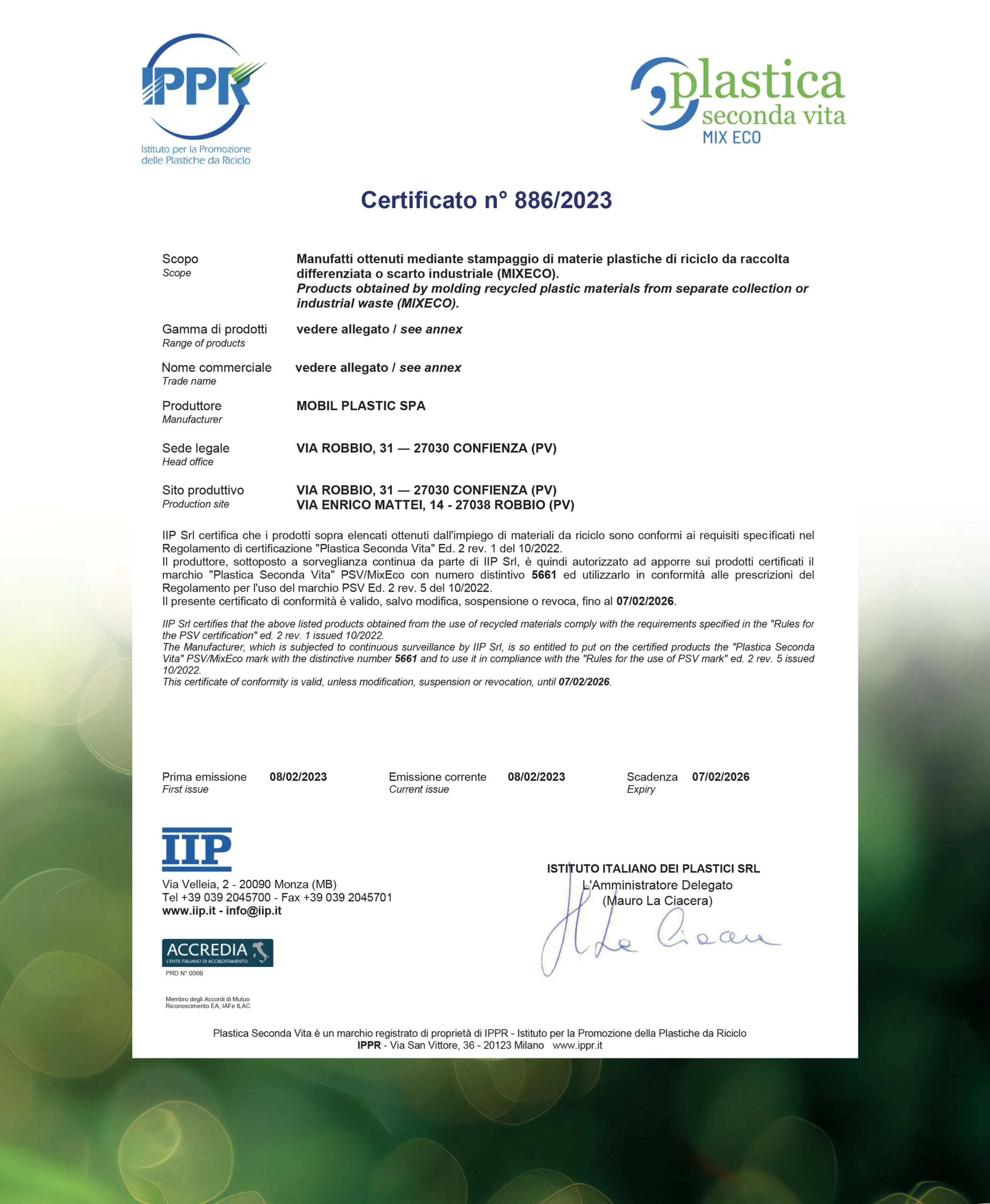 Certificazione plastica seconda vita